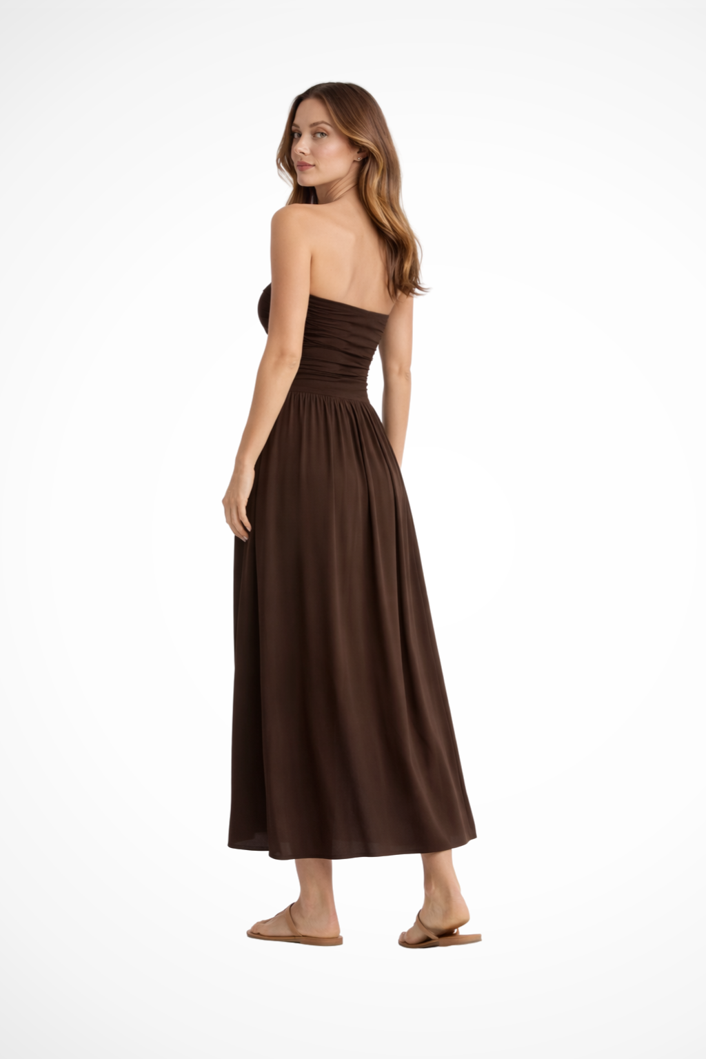 Brown Strapless Pleated Maxi Dress for Women UK – Garden Party & Summer Occasion Wear