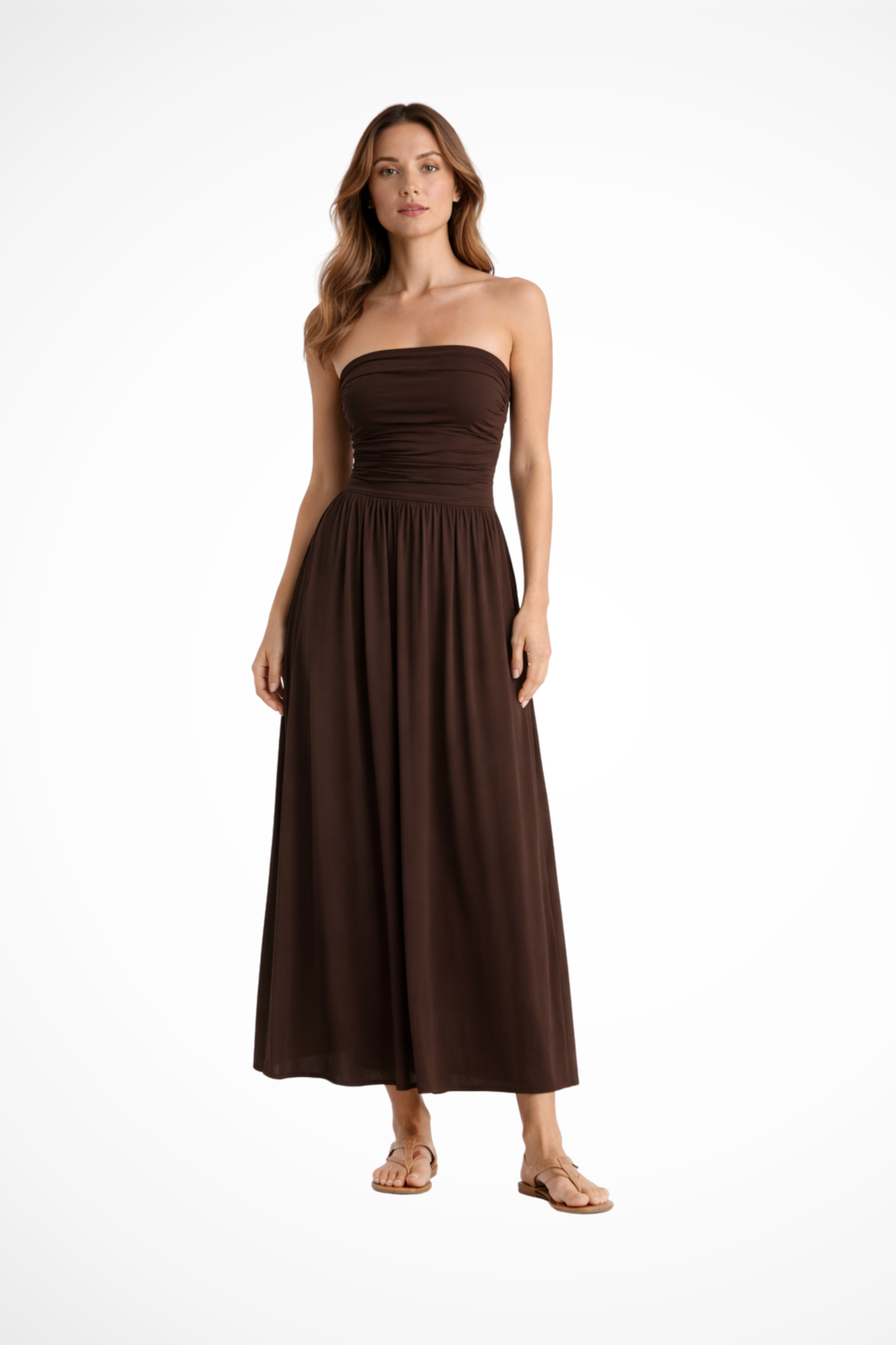 Brown Strapless Pleated Maxi Dress for Women UK – Garden Party & Summer Occasion Wear