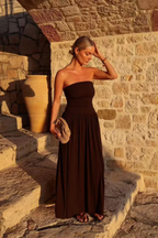 Brown Strapless Pleated Maxi Dress for Women UK – Garden Party & Summer Occasion Wear