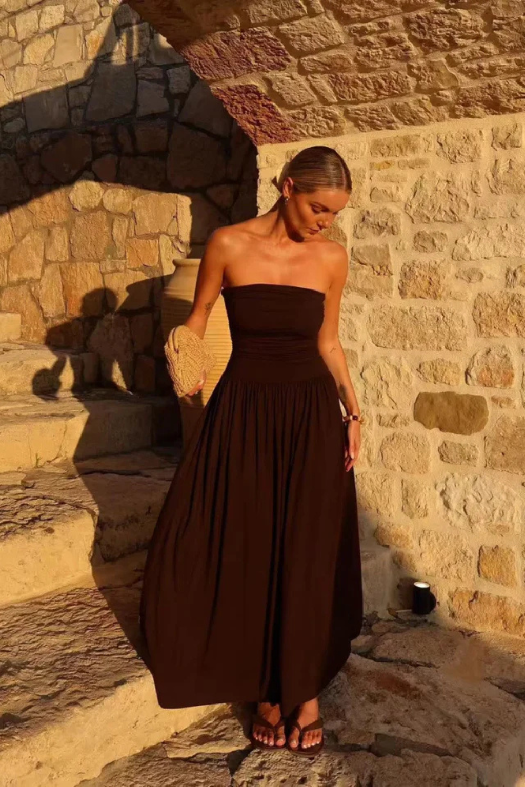Brown Strapless Pleated Maxi Dress for Women UK – Garden Party & Summer Occasion Wear