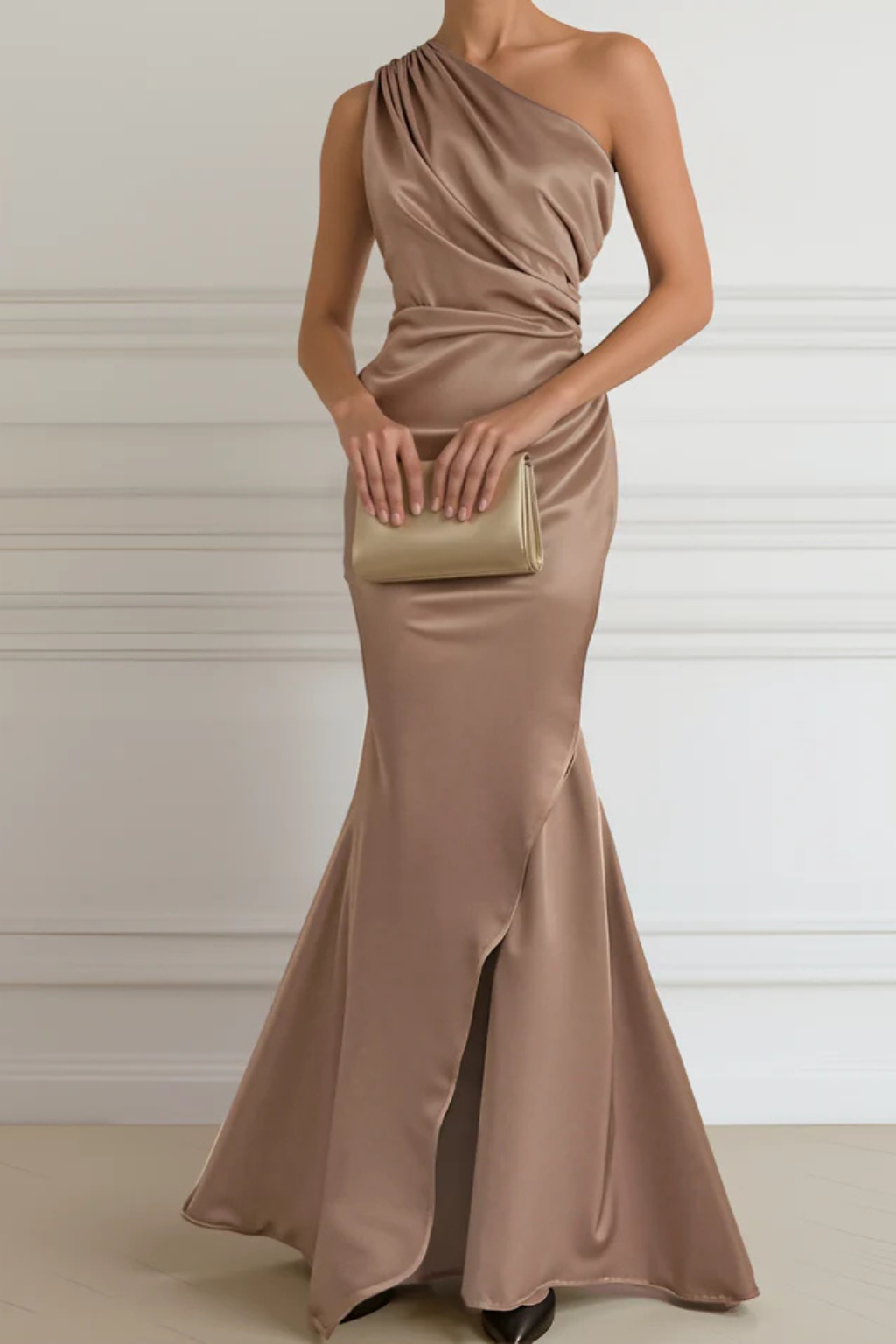 Champagne One Shoulder Sleeveless Maxi Dress for Women UK – Wedding Guest & Bridesmaid