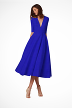 Deep V Neck Half Sleeve Fitted Flared Midi Dress for Women - Roselle Style