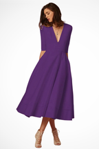 Deep V Neck Half Sleeve Fitted Flared Midi Dress for Women - Roselle Style