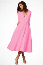 Deep V Neck Half Sleeve Fitted Flared Midi Dress for Women - Roselle Style