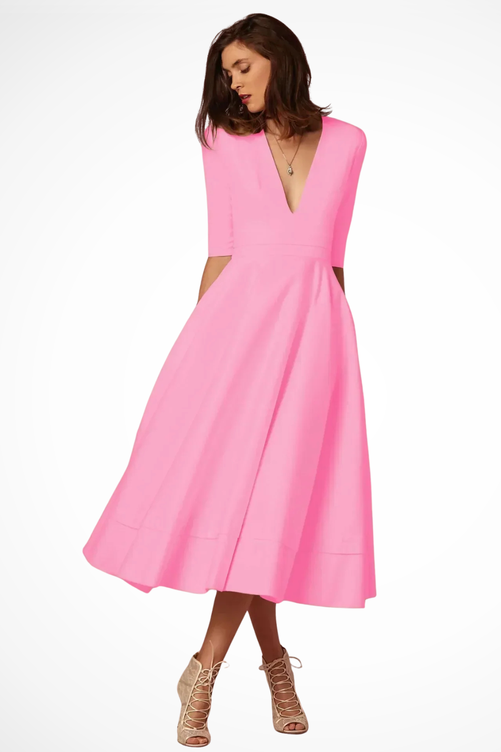 Deep V Neck Half Sleeve Fitted Flared Midi Dress for Women - Roselle Style