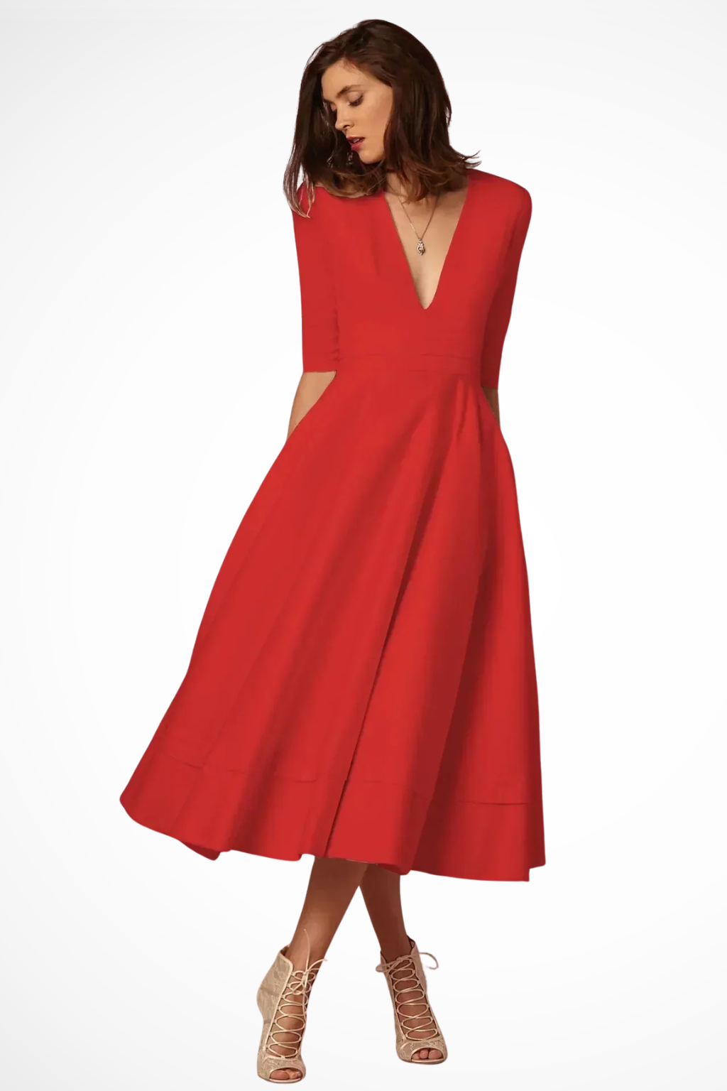 Deep V Neck Half Sleeve Fitted Flared Midi Dress for Women - Roselle Style