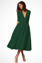 Deep V Neck Half Sleeve Fitted Flared Midi Dress for Women - Roselle Style