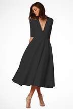 Deep V Neck Half Sleeve Fitted Flared Midi Dress for Women - Roselle Style