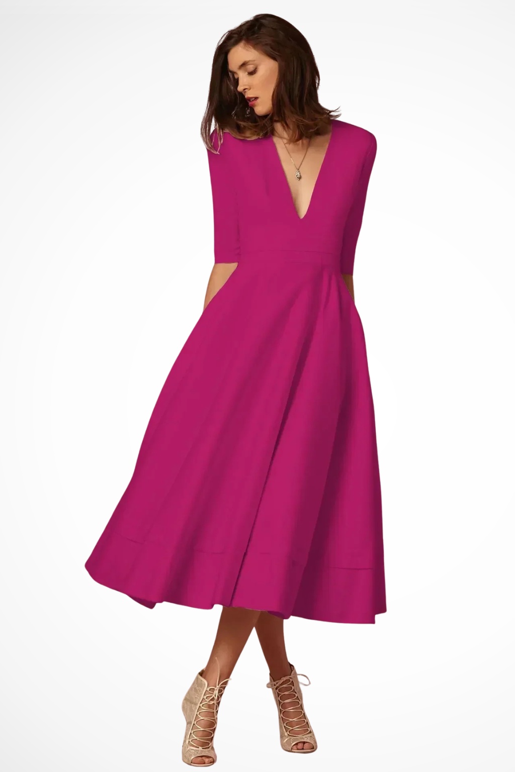 Deep V Neck Half Sleeve Fitted Flared Midi Dress for Women - Roselle Style