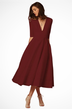 Deep V Neck Half Sleeve Fitted Flared Midi Dress for Women - Roselle Style