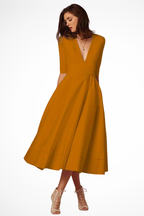 Deep V Neck Half Sleeve Fitted Flared Midi Dress for Women - Roselle Style