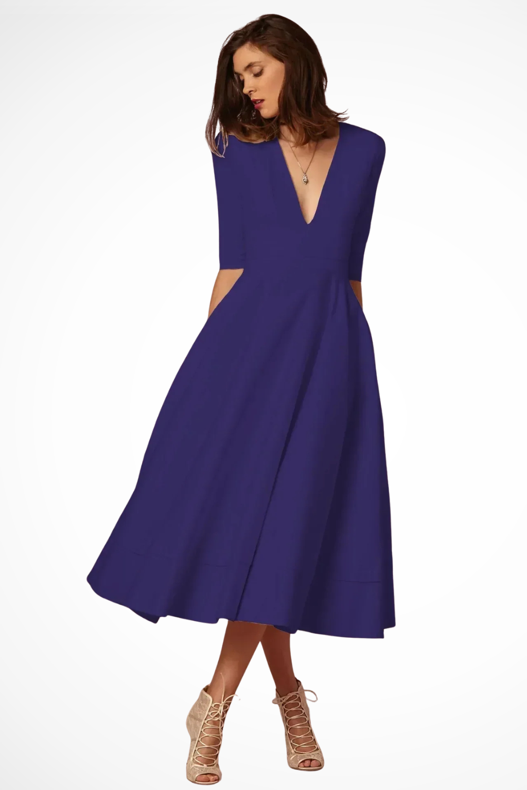 Deep V Neck Half Sleeve Fitted Flared Midi Dress for Women - Roselle Style