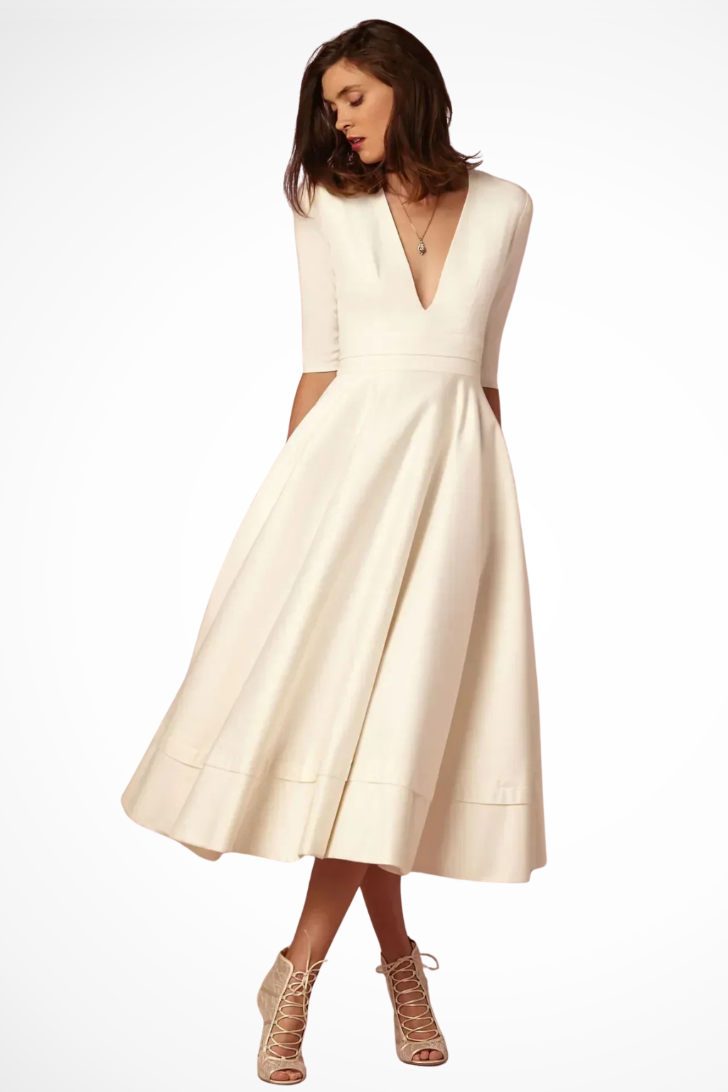 Deep V Neck Half Sleeve Fitted Flared Midi Dress for Women - Roselle Style