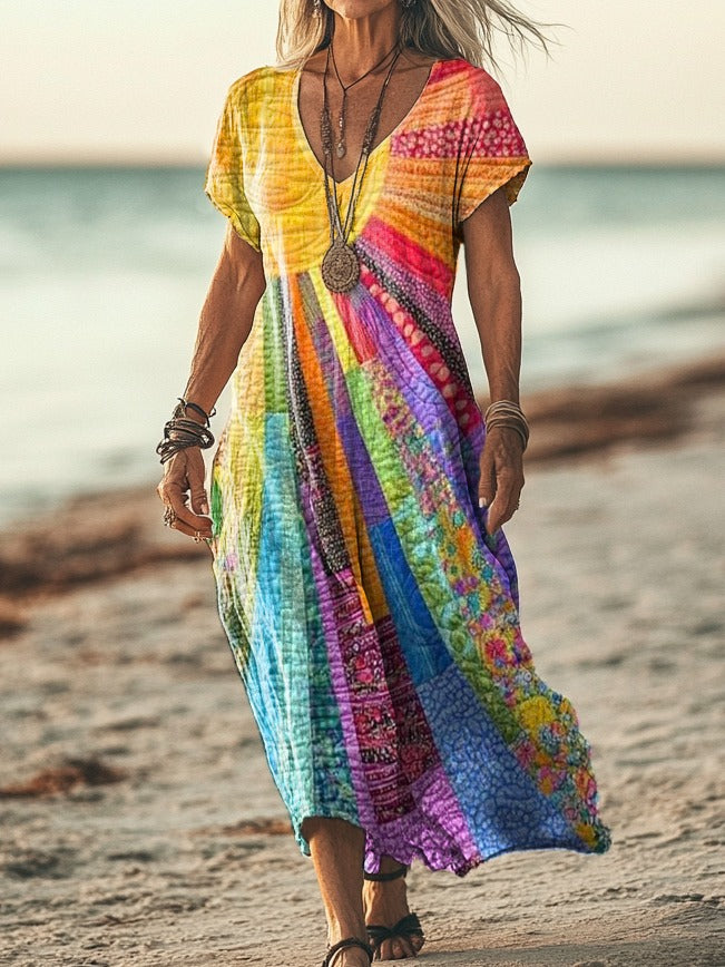 Boho Sun Pattern Cotton Dress for Casual Wear and Summer Occasions