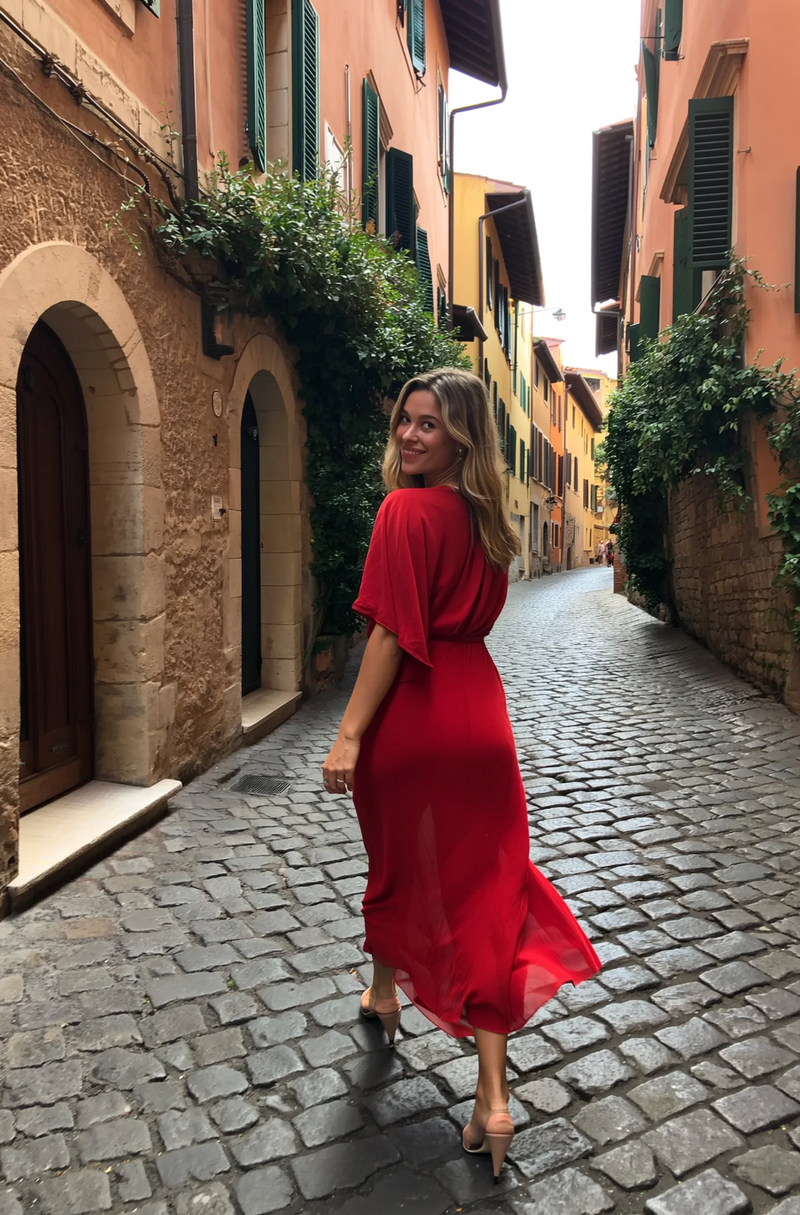 Woman in a red dress walking down a narrow cobblestone street in an Italian town.