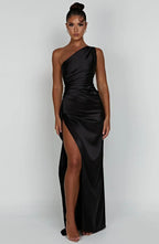 Asymmetric Slit Maxi Dress - Lightweight Fabric - Evening Party Wear for Women