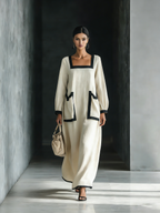 Beige Cotton-Linen Maxi Dress with Square Neck and Oversized Pockets
