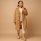 Beige Oversized Teddy Coat for Women - Long Winter Jacket for Casual Wear Khaki