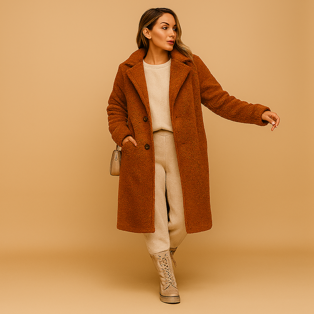 Beige Oversized Teddy Coat for Women - Long Winter Jacket for Casual Wear Coffee