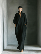 Black Cotton Blend Oversized Kimono Sleeve Maxi Dress with Pockets
