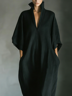 Black Cotton Blend Oversized Kimono Sleeve Maxi Dress with Pockets
