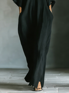 Black Cotton Blend Oversized Kimono Sleeve Maxi Dress with Pockets