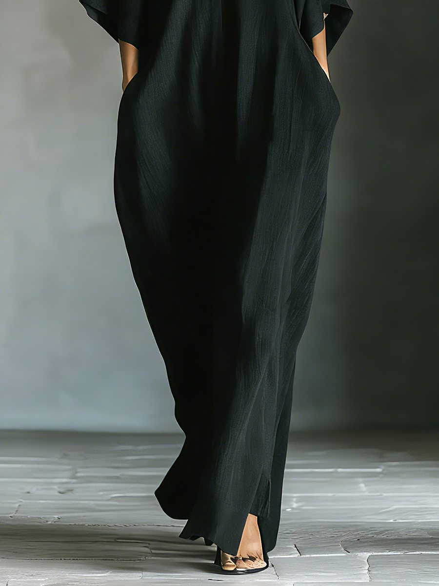 Black Cotton Blend Oversized Kimono Sleeve Maxi Dress with Pockets