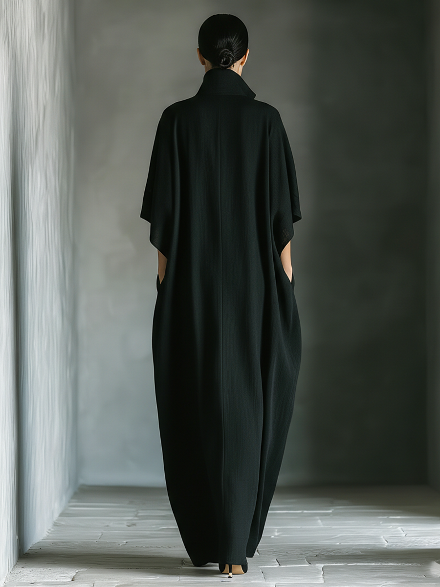 Black Cotton Blend Oversized Kimono Sleeve Maxi Dress with Pockets