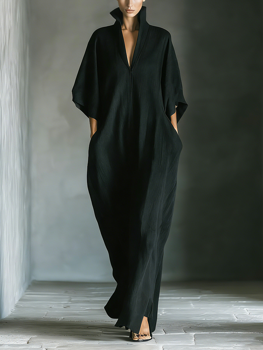Black Cotton Blend Oversized Kimono Sleeve Maxi Dress with Pockets