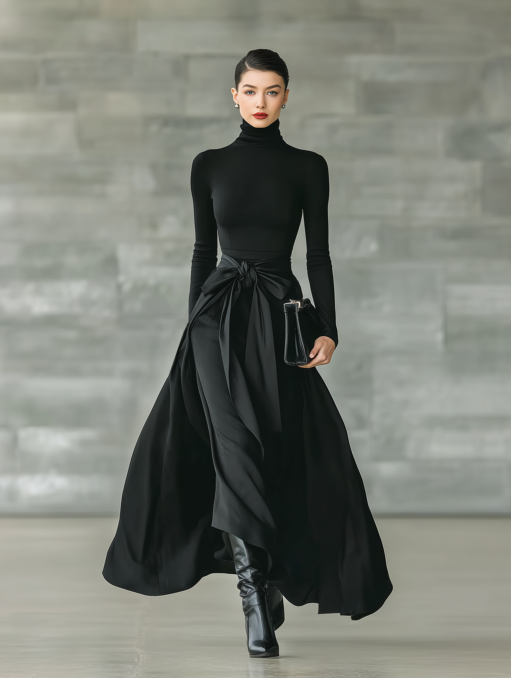 Black High-Neck Knitted Satin Flared Maxi Dress for Women