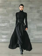 Black High-Neck Knitted Satin Flared Maxi Dress for Women