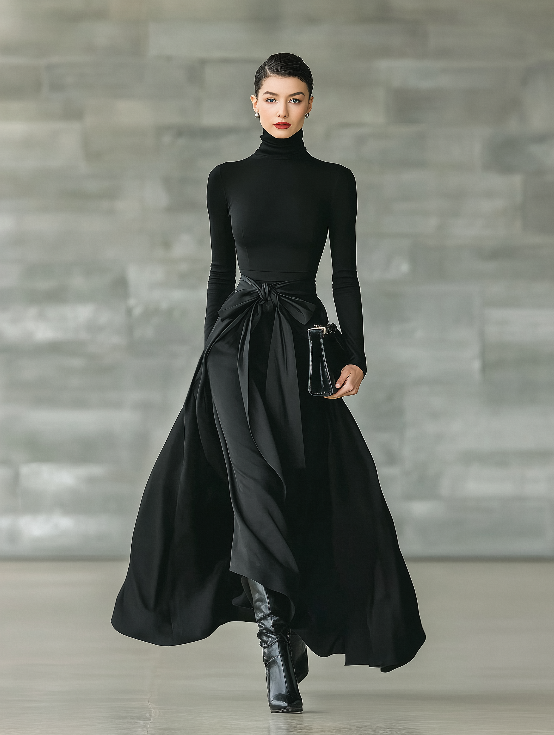 Black High-Neck Knitted Satin Flared Maxi Dress for Women