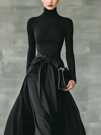 Black High-Neck Knitted Satin Flared Maxi Dress for Women