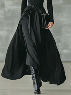Black High-Neck Knitted Satin Flared Maxi Dress for Women