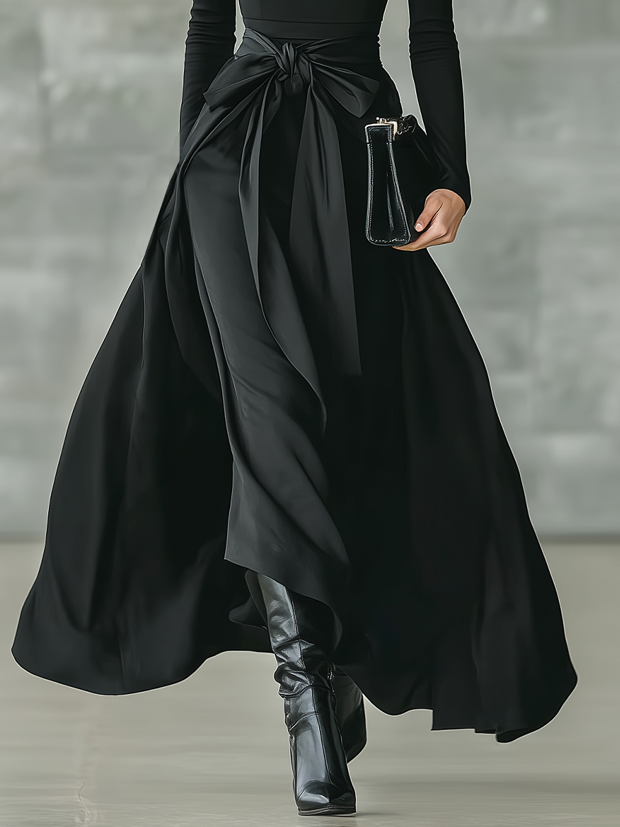 Black High-Neck Knitted Satin Flared Maxi Dress for Women