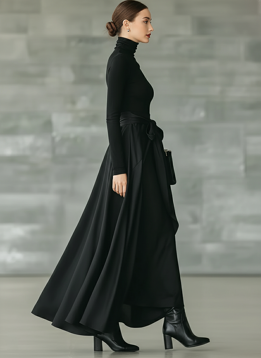 Black High-Neck Knitted Satin Flared Maxi Dress for Women