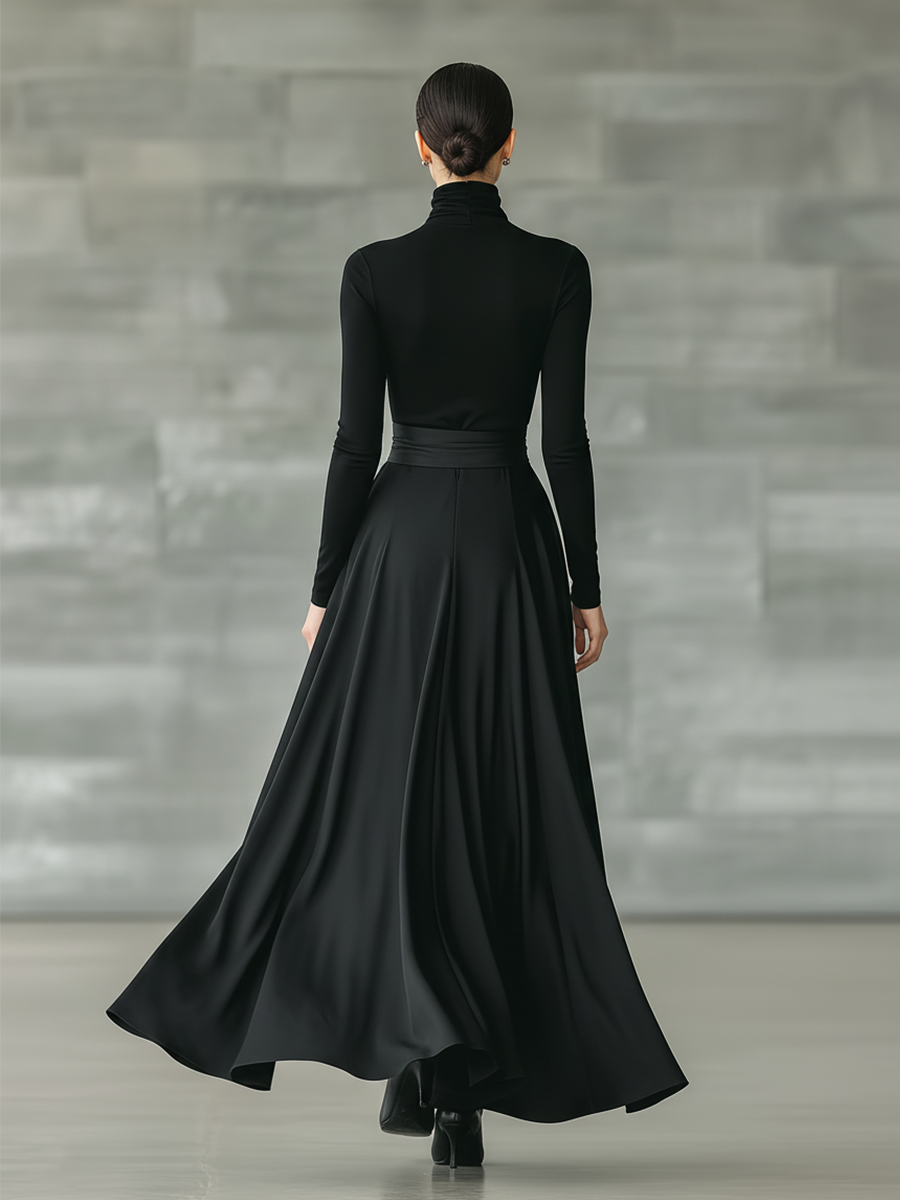 Black High-Neck Knitted Satin Flared Maxi Dress for Women