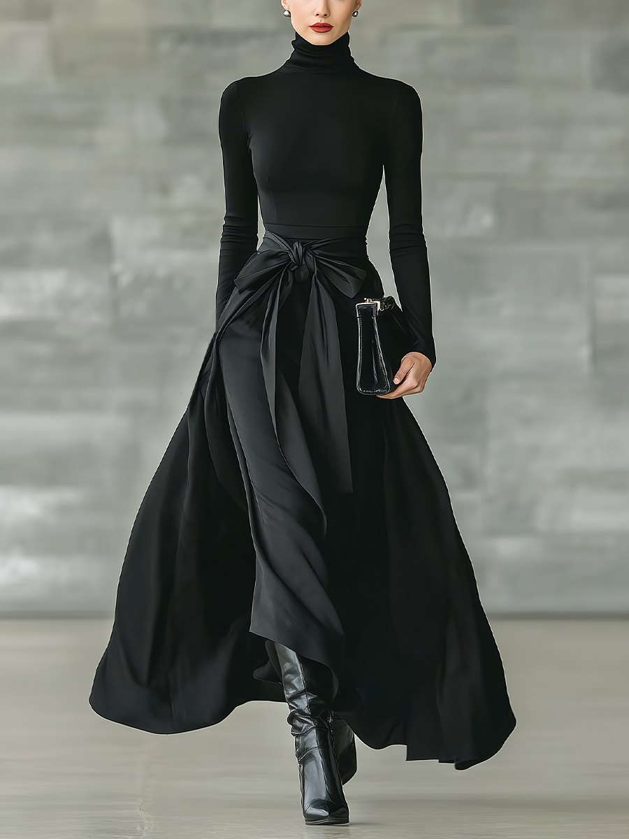 Black High-Neck Knitted Satin Flared Maxi Dress for Women