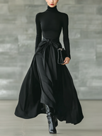 Black High-Neck Knitted Satin Flared Maxi Dress for Women