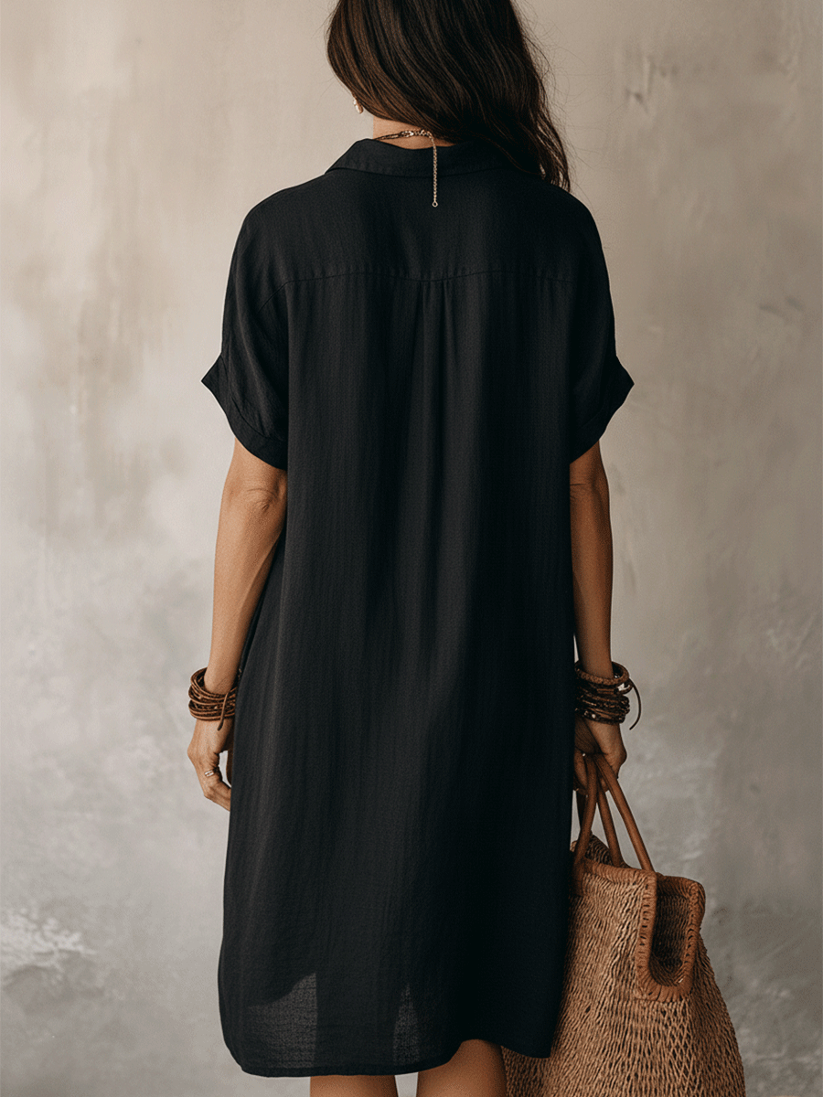 Black Linen Midi Dress for Women | Modern Boho Relaxed Fit