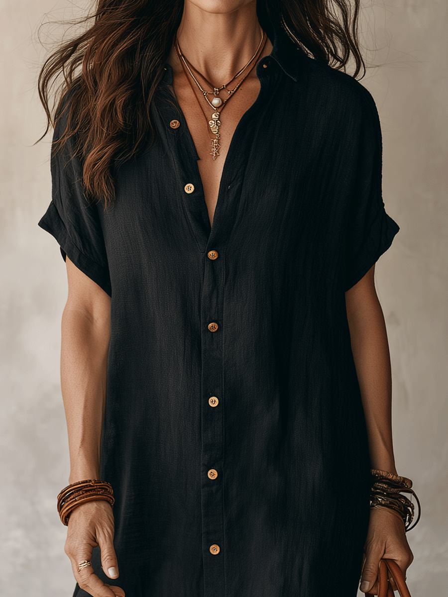 Black Linen Midi Dress for Women | Modern Boho Relaxed Fit