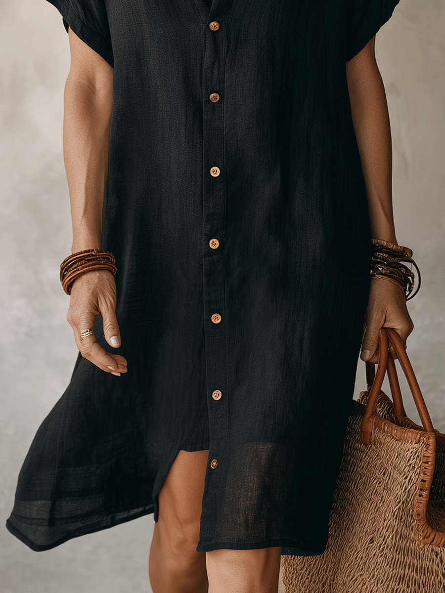 Black Linen Midi Dress for Women | Modern Boho Relaxed Fit