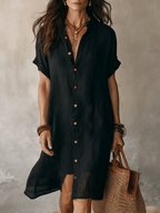 Black Linen Midi Dress for Women | Modern Boho Relaxed Fit