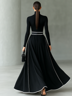 Black Stitching White Trim High Collar Long Sleeve Maxi Dress for Women