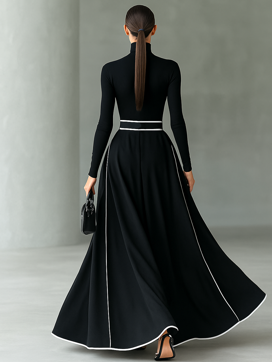 Black Stitching White Trim High Collar Long Sleeve Maxi Dress for Women
