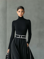 Black Stitching White Trim High Collar Long Sleeve Maxi Dress for Women