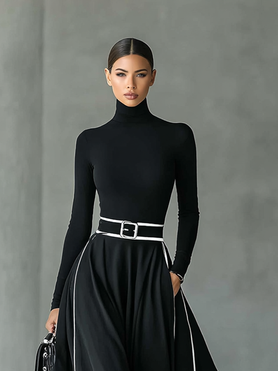 Black Stitching White Trim High Collar Long Sleeve Maxi Dress for Women
