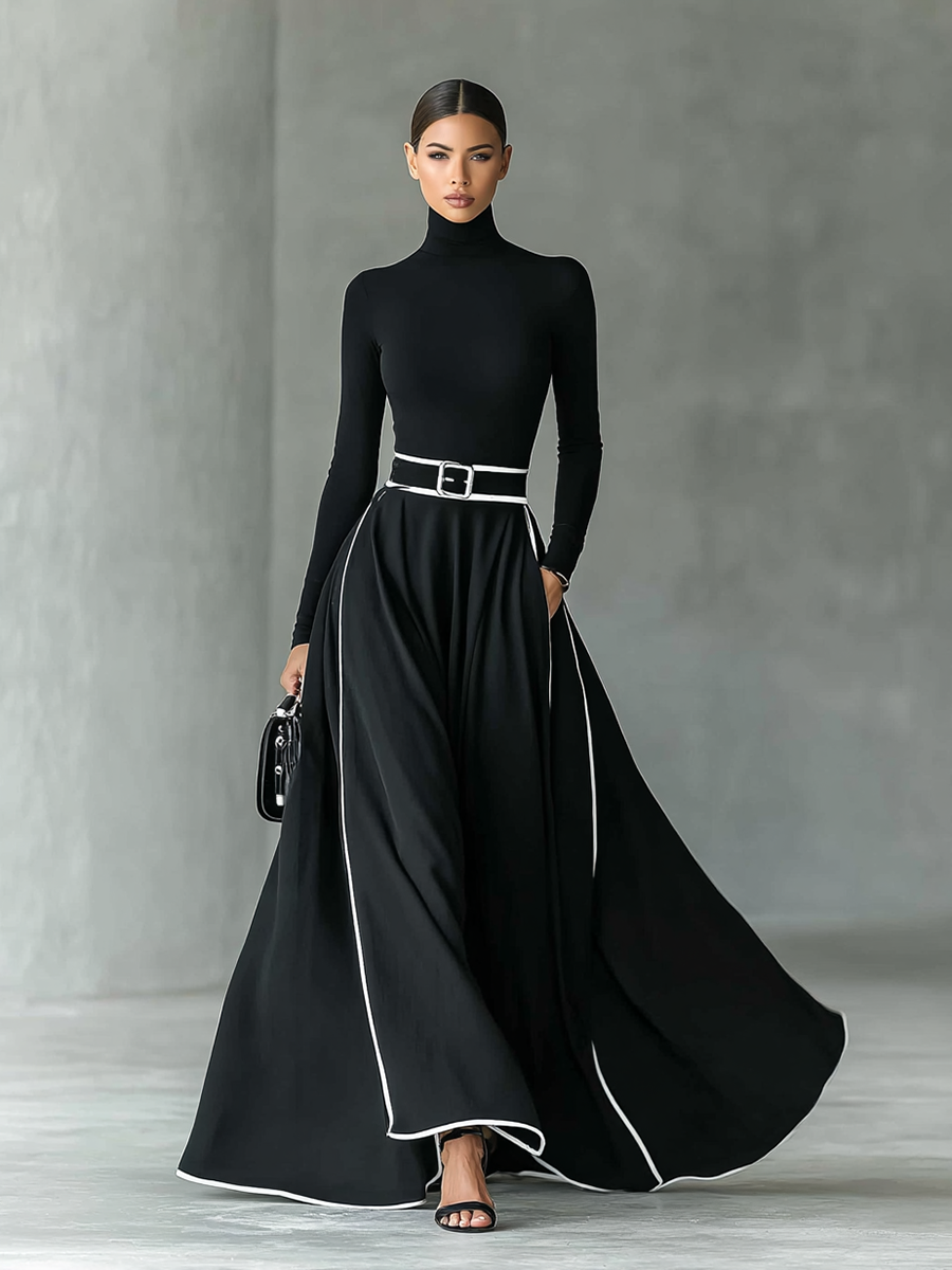 Black Stitching White Trim High Collar Long Sleeve Maxi Dress for Women