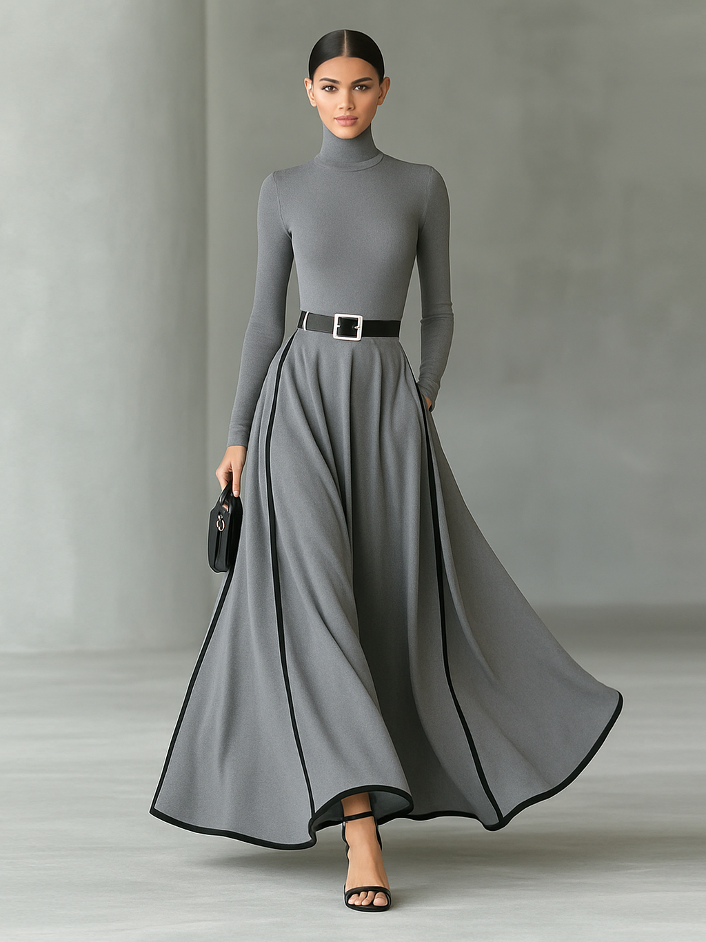 Black Stitching White Trim High Collar Long Sleeve Maxi Dress for Women