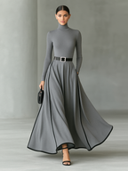 Black Stitching White Trim High Collar Long Sleeve Maxi Dress for Women